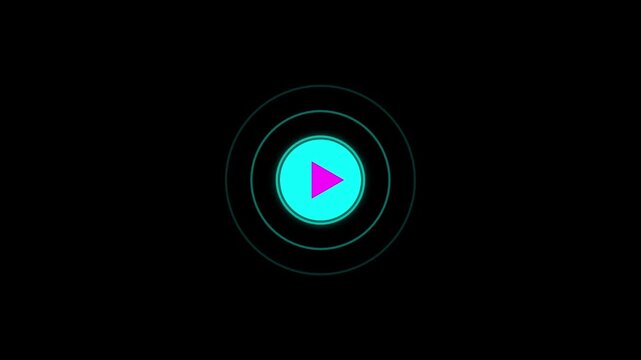 Neon play button with pulsing circular waves motion