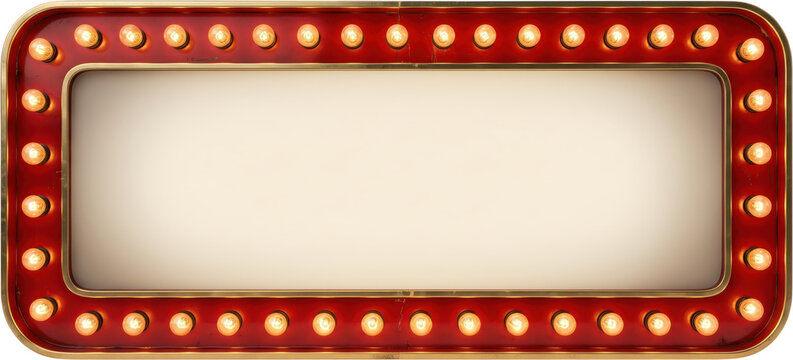 Rectangular marquee sign featuring a vibrant red border trimmed with shiny gold and illuminated by glowing incandescent light bulbs framing a blank white center space frame