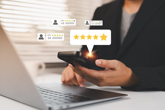 Mobile customer review concept with five star rating notification on smartphone screen. Online feedback, e commerce reputation management, client satisfaction and digital service evaluation theme.