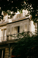 Ornate iron balcony and green foliage on historic residential facade in Madrid Spain