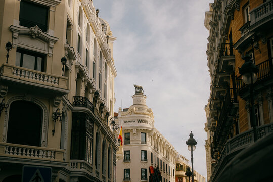 Historic street view in downtown Madrid Spain
