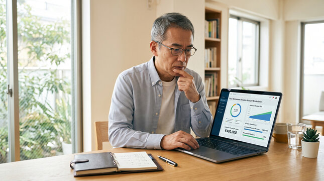 Middle-aged Asian man checking his retirement pension account breakdown on laptop at home
