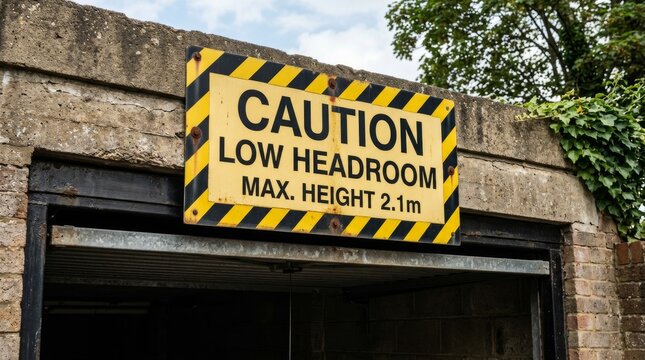 Yellow and black caution low headroom sign above a garage entrance.
