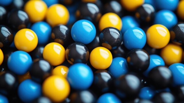 Close-up of colorful plastic gumballs in blue yellow and black, glossy spherical candies for confectionery or vending machine themes