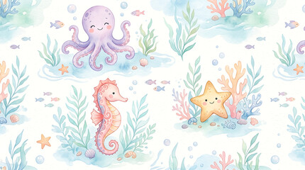 Fototapeta premium Watercolor seamless pattern with cute sea creatures.