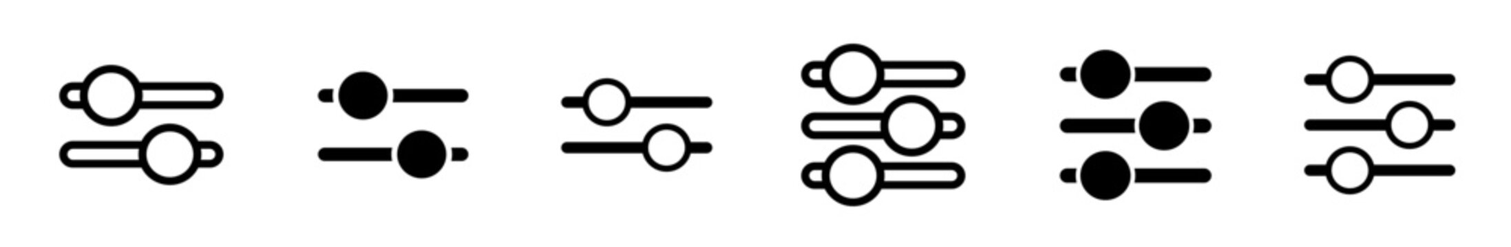 Slider and filter control vector icon set. Black and white line and filled icons for settings, equalizer, and web UI.