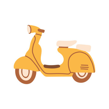 Classic yellow retro moped side view vector illustration with cream seats. Vintage motor scooter graphic element for summer travel, city commute, and sticker designs