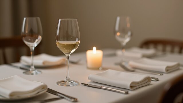 Elegant dining table setup with white tablecloth, wine glasses filled with white wine, neatly folded napkins, and a candle for a sophisticated ambiance