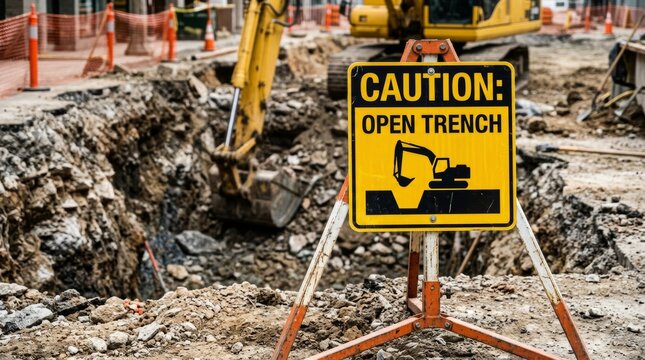 Caution Open Trench Sign at Road Construction Site.