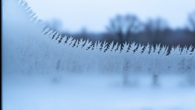 Close-up of frost patterns on a window with a blurred winter landscape in the background, cold weather, and high humidity environment