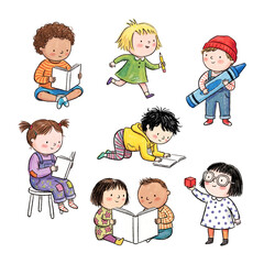 Set of cute diverse children reading and playing illustrations