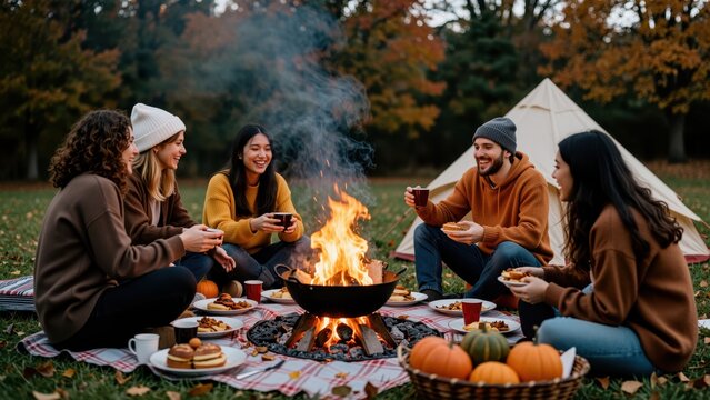 Group of diverse young adults having a cozy outdoor bonfire dinner in autumn park with pumpkins and snacks, enjoying friendship and seasonal celebration