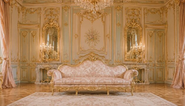 Elegant rococo salon with pink sofa and ornate gold decor