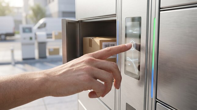 Person using a digital touchscreen interface to open an automated parcel locker for package delivery.