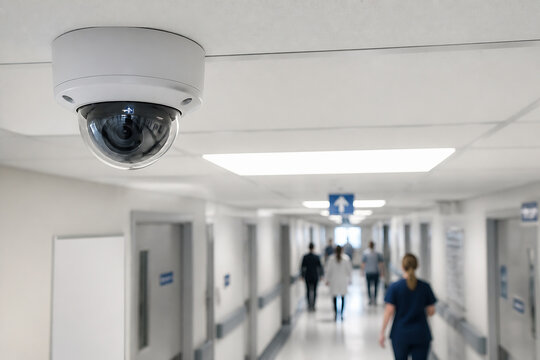 A security camera mounted in a brightly lit, long hospital or office hallway with people walking in the distance.