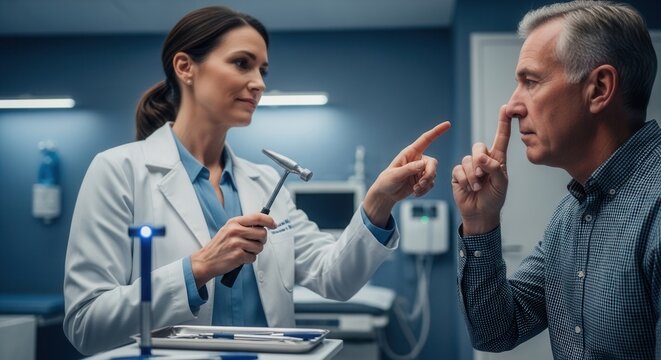 Doctor performs neurological exam on patient's nose with reflex hammer in medical clinic