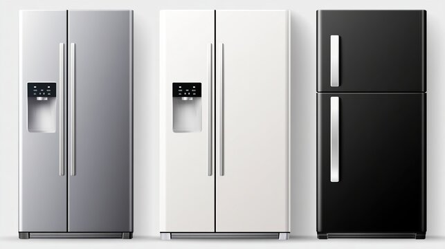 Three Modern Refrigerators in Different Colors Silver White and Black