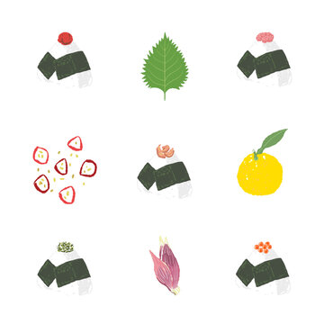Seamless Pattern with Onigiri Rice Balls and Mixed Condiments