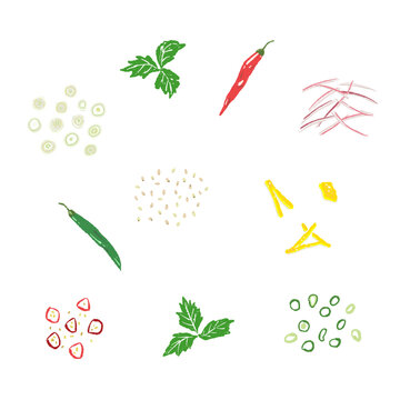 Scattered Sliced Red Chili Peppers and Shredded Japanese Herbs