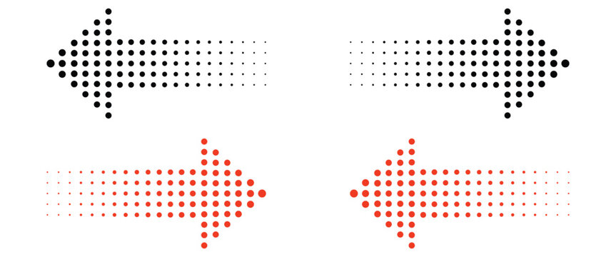 Halftone dot arrow icon set with modern left and right directional pointer symbols for web design presentation and infographics