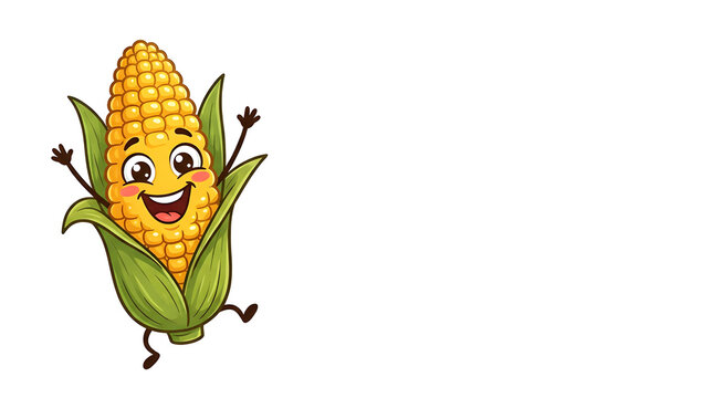 A wildly happy cartoon corn character celebrating with both tiny arms raised, enormous joyful smile, sparkling eyes, rosy cheeks, bright golden kernels, green husk leaves, energetic exaggerated pose, 