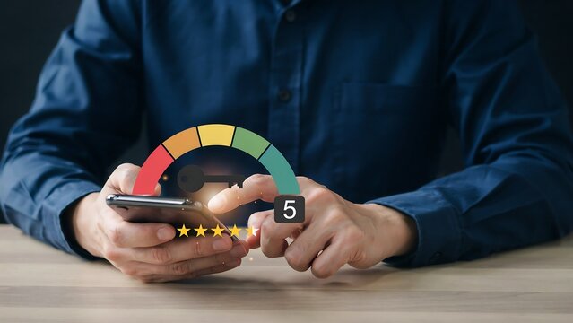 Man's hand holding smartphone with customer satisfaction meter and star rating on screen