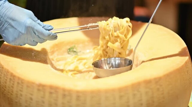 Chef preparing delicious pasta dish inside a large hollowed wheel of parmesan cheese.