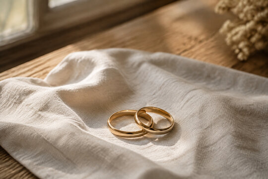 Two gold wedding bands on pale linen cloth, marriage and commitment concept
