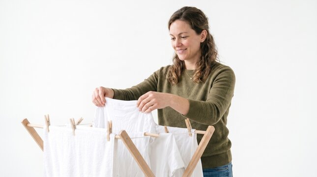 A smiling woman hanging white clothes on a drying rack with clothespins. The scene depicts a common household chore with a sense of domestic tranquility