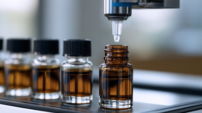 Automated Machine Filling Essential Oil Drops into Amber Glass Vials Laboratory
