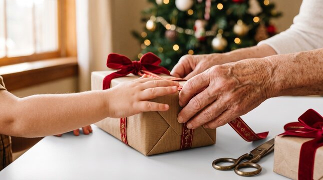 Grandparent and child hands wrapping Christmas gift with red ribbon near decorated tree