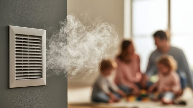 Air ventilation system releasing fresh air while a family relaxes in the background.
