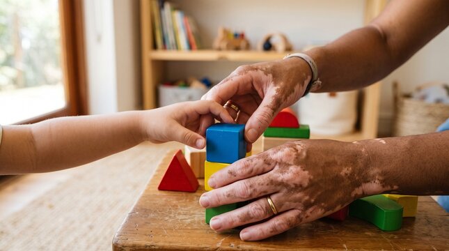 Adult and child hands building with colorful wooden blocks on a table, close up shot