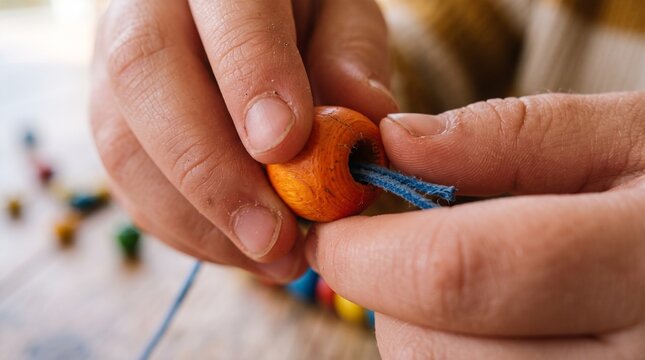 Close up of hands threading a blue string through a wooden bead for crafting