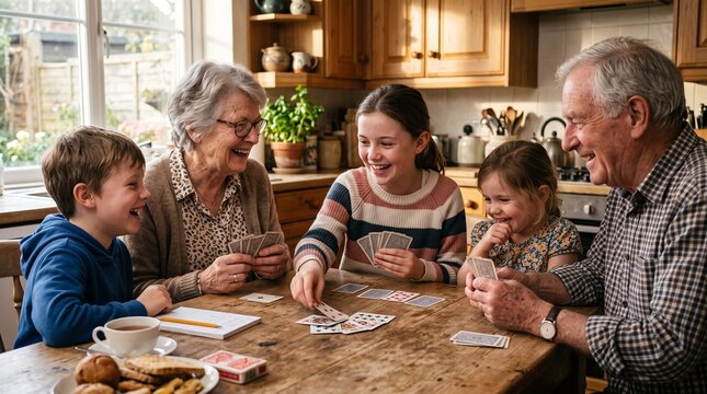 Happy multi generational family playing cards together at a wooden table in a cozy kitchen