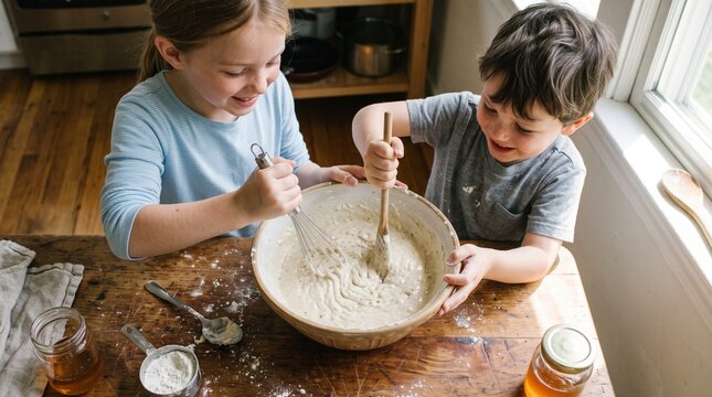 Two happy children mixing batter in a bowl together in a kitchen