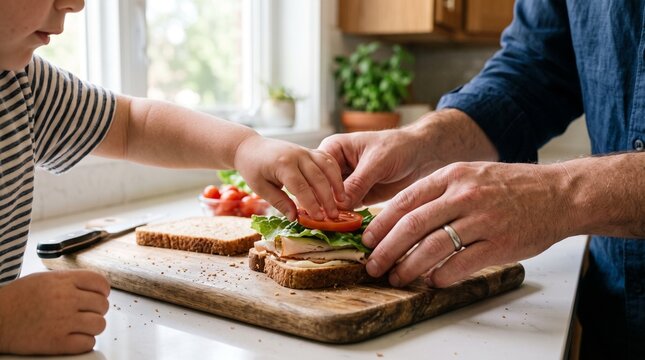 Father and child making a sandwich together in a bright kitchen, close up on hands adding ingredients