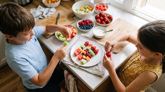 Children making fruit skewers with fresh berries and melon in a bright kitchen