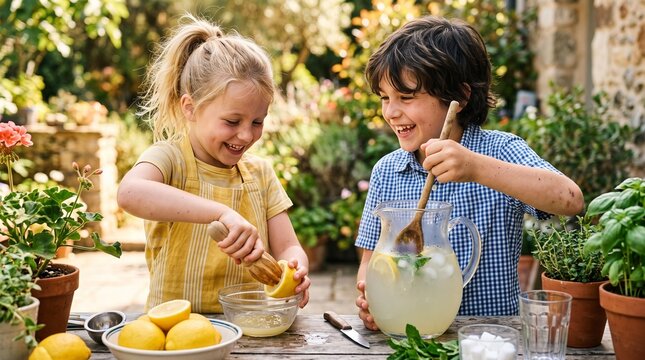 Joyful children making fresh lemonade together in a sunny garden setting