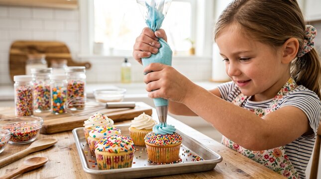 Young girl happily decorating cupcakes with blue frosting and colorful sprinkles in a bright kitchen