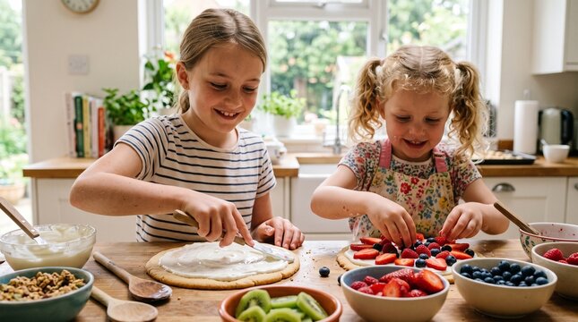 Two young girls happily decorating fruit tarts in a bright kitchen, enjoying a fun activity together