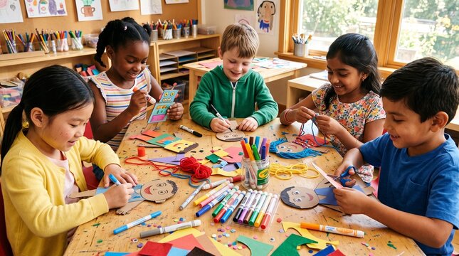 Diverse group of young children engaged in a fun arts and crafts activity at a wooden table