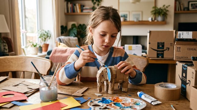 Young girl painting a cardboard elephant craft at a table with art supplies and Amazon boxes