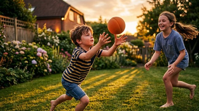 Two happy children playing catch with a basketball in a sunny backyard garden at sunset