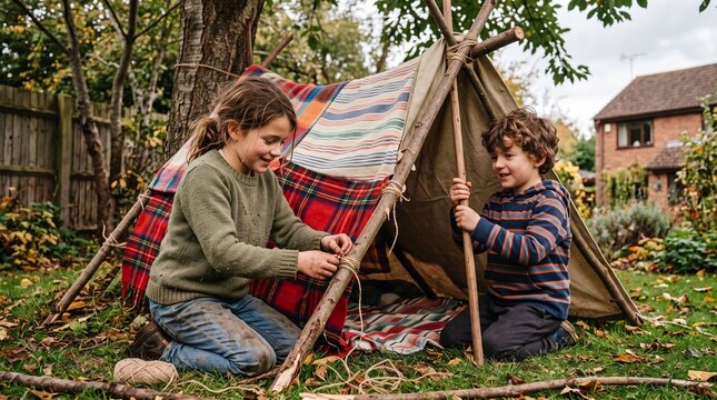 Two happy children building a fort in a backyard with blankets and sticks during autumn