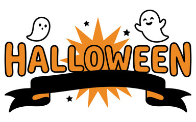 Cute halloween typography design with friendly ghosts and a blank black banner for custom text or holiday greetings © Mst Runa