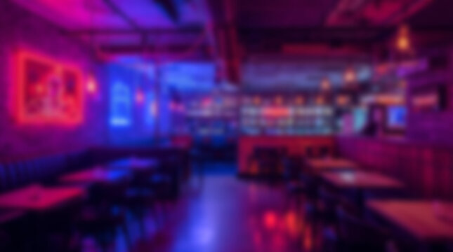 Blurred interior of a modern bar with vibrant neon lights and empty tables.