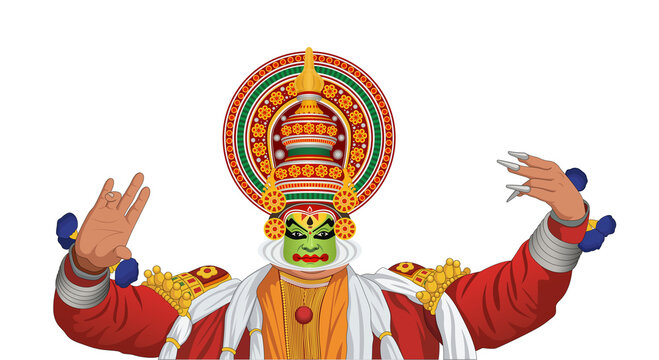 Kathakali dancer vector illustration, traditional dance performance of Kerala, India