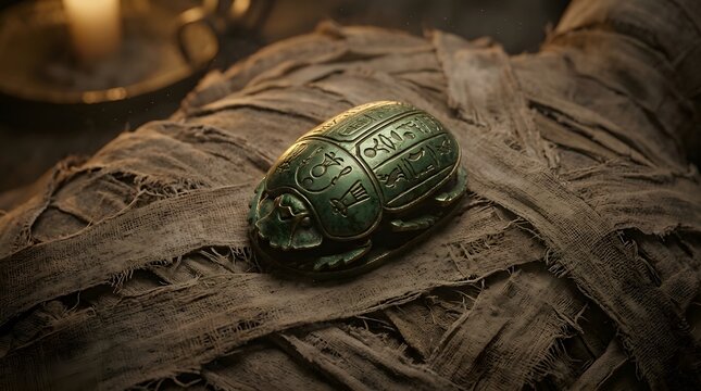 Ancient Egyptian mummy wrapped in linen bandages with carved green scarab amulet relic for halloween mystery and occult theme