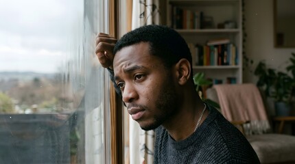 Thoughtful man looking out of a window in a cozy room. © Eni